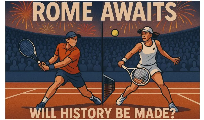 Jannik Sinner and Iga Świątek are captured mid-rally on a packed center court under fireworks, with bold promotional text “Rome Awaits” and “Will History Be Made?