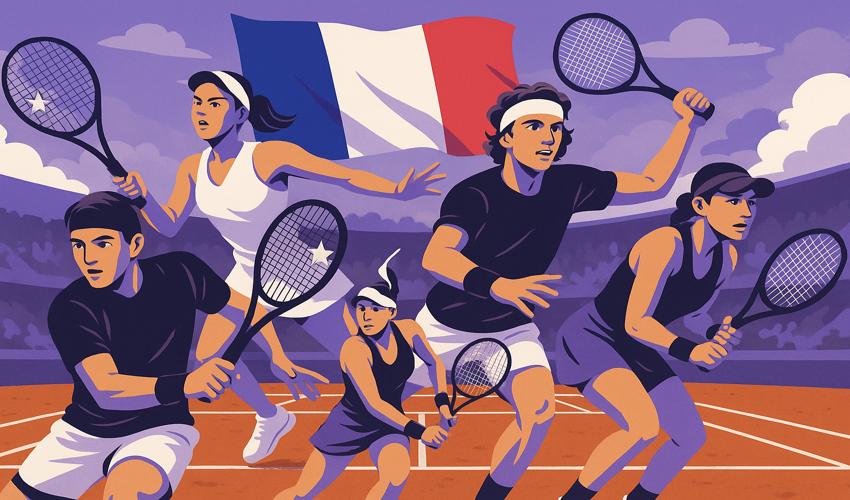 Top male and female tennis players in action on a clay court with the French flag in the sky, representing French Open 2025