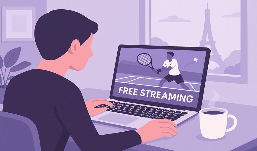 Person watching a free tennis stream on a laptop at home with the Eiffel Tower in the background, representing French Open 2025.