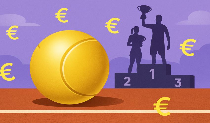 Golden tennis ball on clay court with euro symbols and trophy silhouettes, symbolizing French Open 2025 prize money.