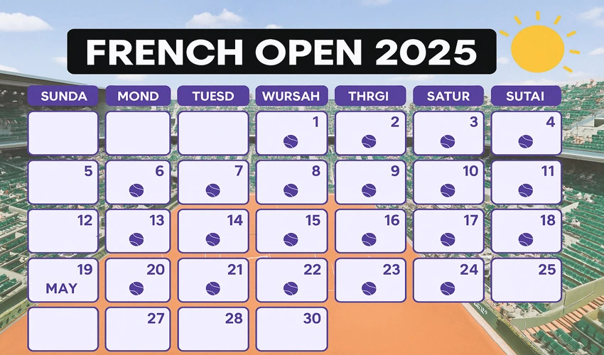 French Open 2025 calendar with match dates marked from May 19 to June 8.